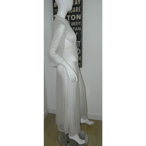 Miss Elaine Robe White Sheer‎ Blue Drawstring  Lace  Neck Ruffle Peignoir Small - Picture 8 of 13